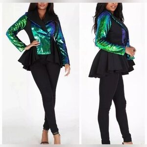 Eien V-Neck Wide Collar Peplum Mermaid Sequin Jacket Black size M NWT $97.99